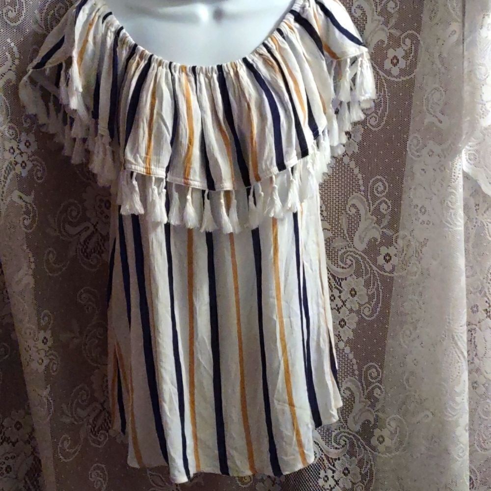 New Kori America Size S Festive Boho Top Navy Gold Stripe Fringe Ruffle Neckline